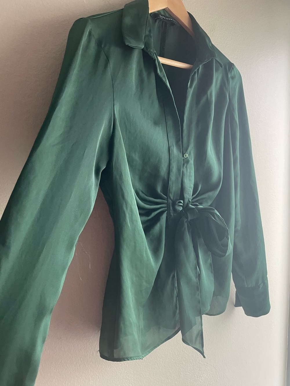 Zara Forest Green Satin Tie-Front Blouse Medium - Picture 4 of 11